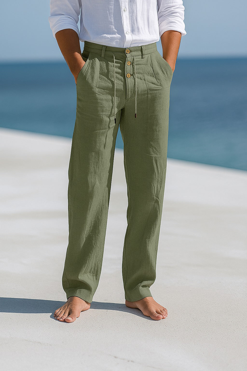 Men's Linen Trousers, Lightweight Drawstring Relaxed Fit Casual Summer Trousers with Pockets 5