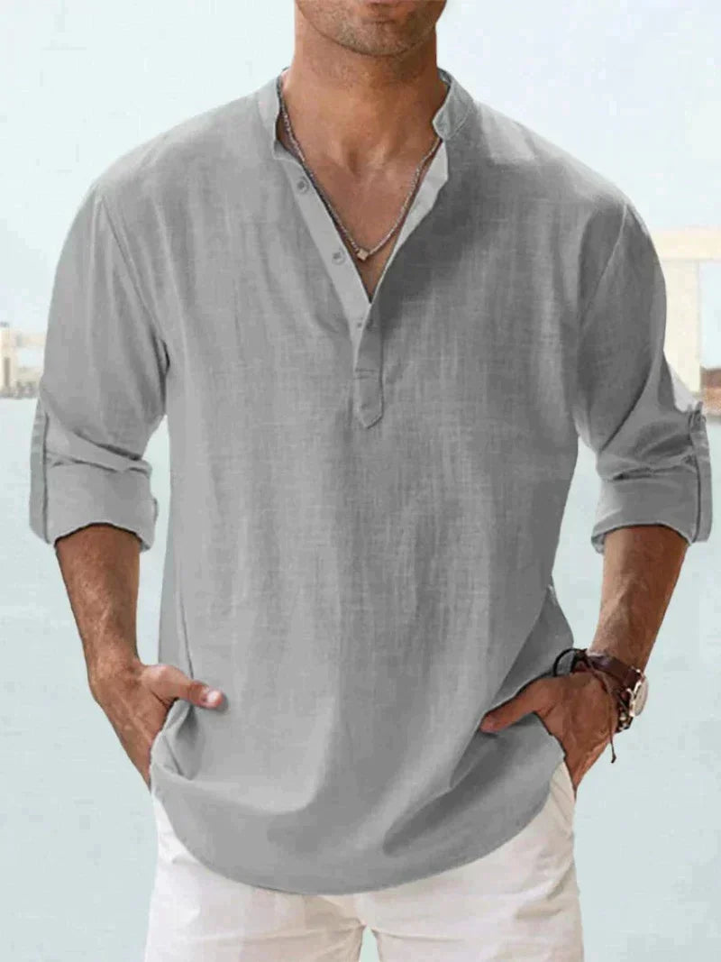 Men's Grandad Collar Shirt, Long Sleeve Loose Fit Band Collar Casual Summer Shirt 4