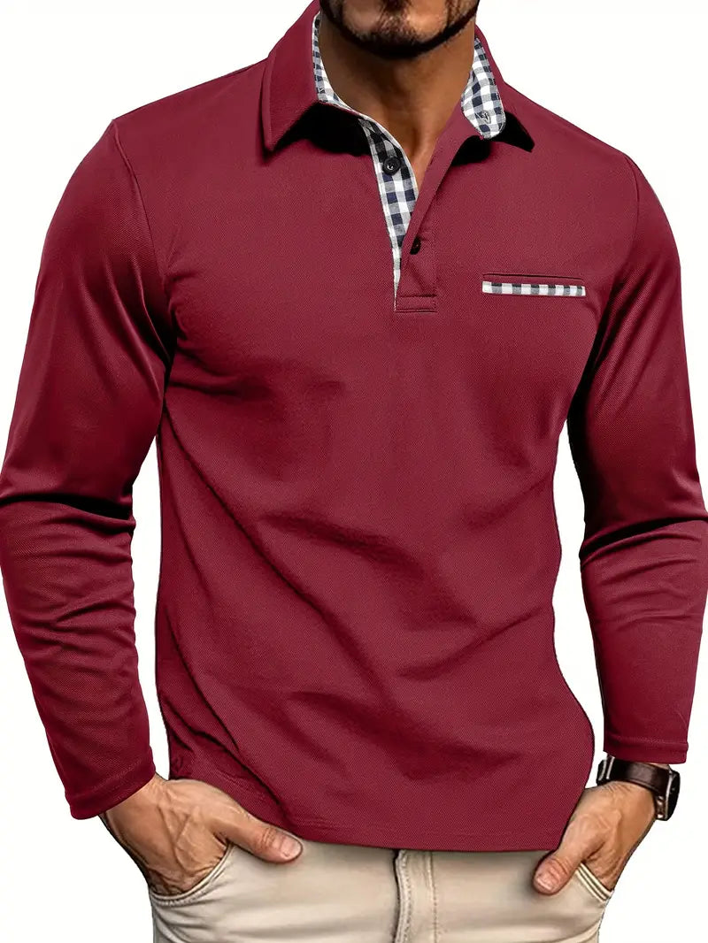 Men's Long Sleeve Polo Shirt, Smart Casual Knitted Collared Top with Chest Pocket 4