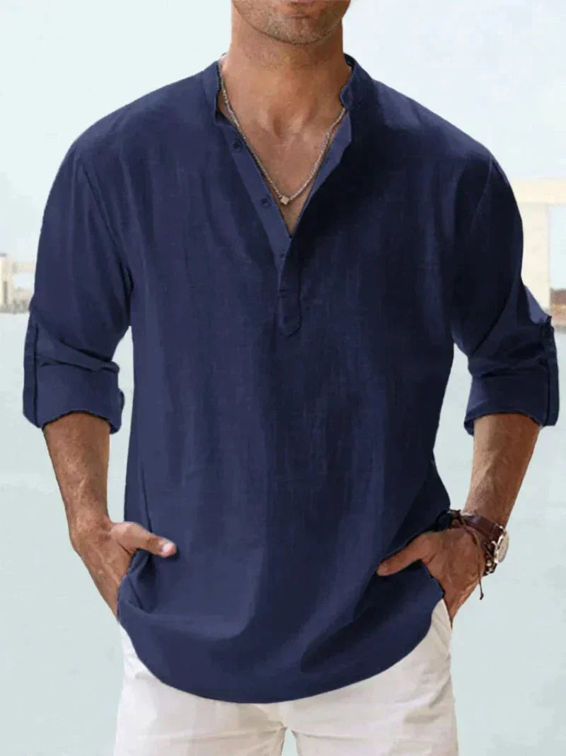 Men's Grandad Collar Shirt, Long Sleeve Loose Fit Band Collar Casual Summer Shirt 10