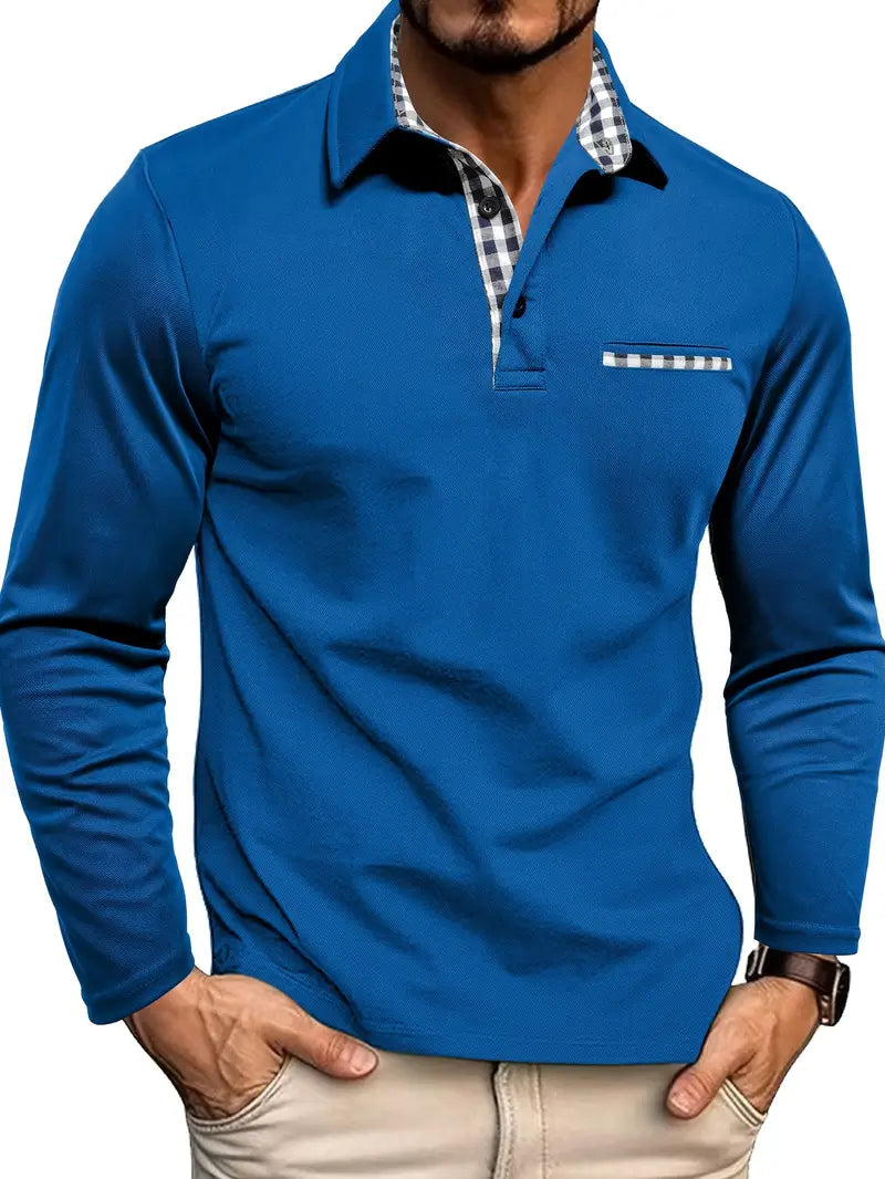 Men's Long Sleeve Polo Shirt, Smart Casual Knitted Collared Top with Chest Pocket 3