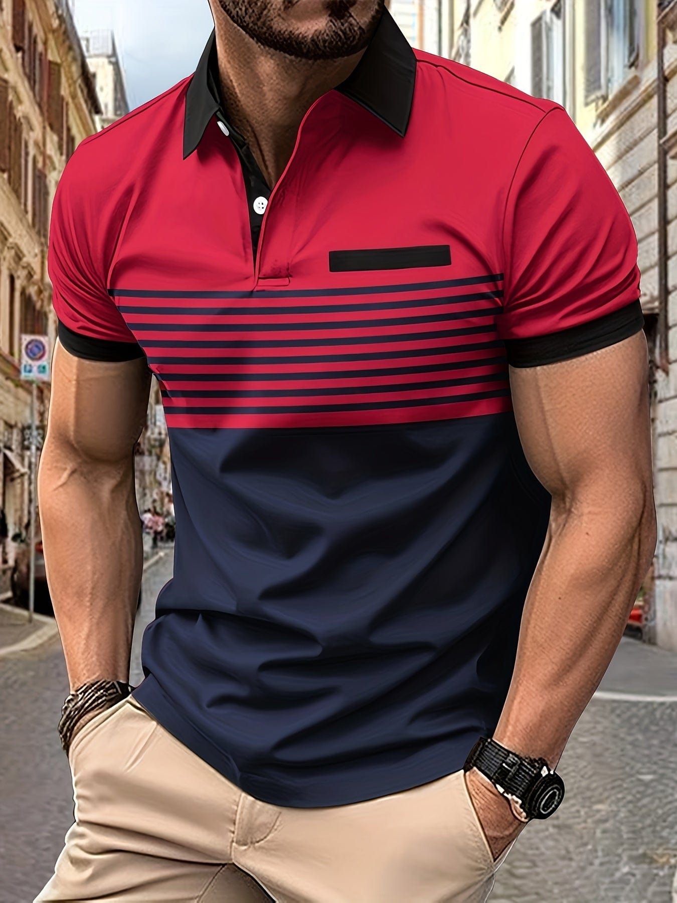 Men's Striped Polo Shirt, Short Sleeve Lightweight Summer Cotton Polo for Casual Wear 1
