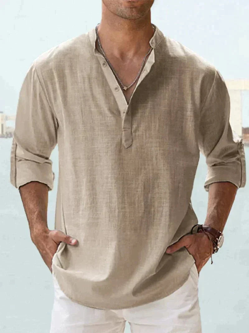 Men's Grandad Collar Shirt, Long Sleeve Loose Fit Band Collar Casual Summer Shirt 3