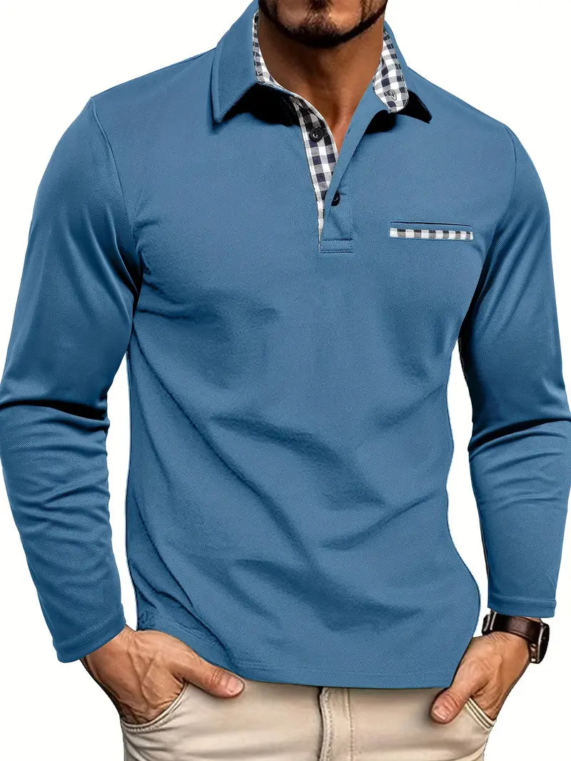 Men's Long Sleeve Polo Shirt, Smart Casual Knitted Collared Top with Chest Pocket 5