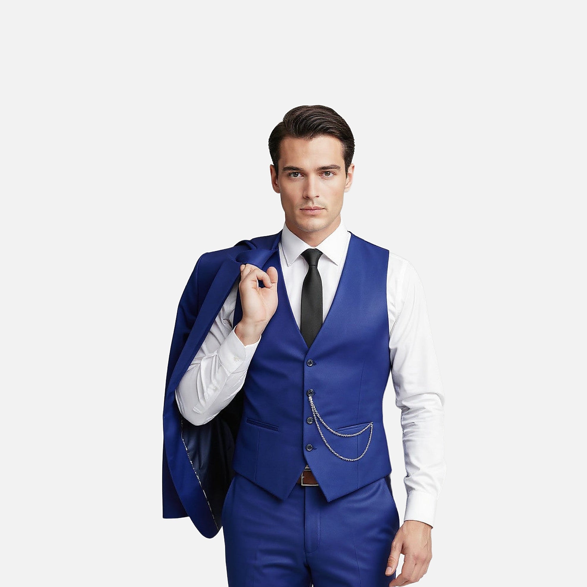 Men's 3 Piece Suit, Slim Fit Tailored Blazer, Waistcoat & Trousers Set in Blue 2