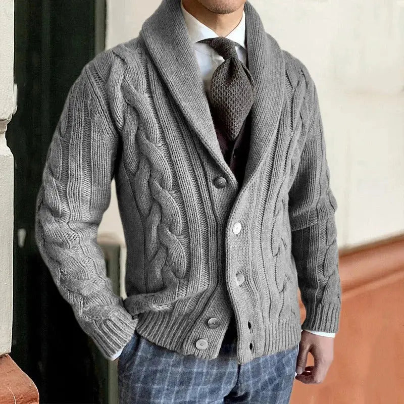 Shawl-Collar Cable Knit Sweater