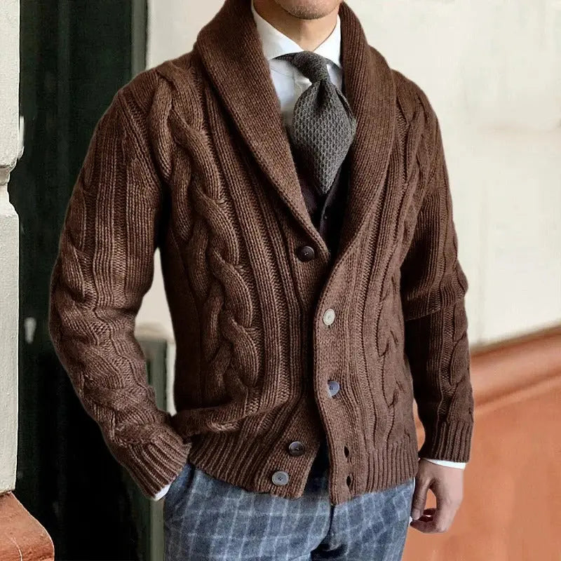 Shawl-Collar Cable Knit Sweater