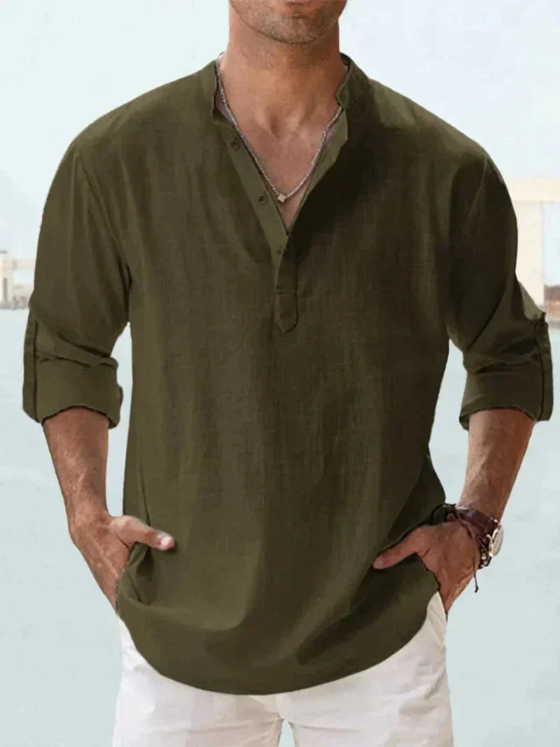 Men's Grandad Collar Shirt, Long Sleeve Loose Fit Band Collar Casual Summer Shirt 7