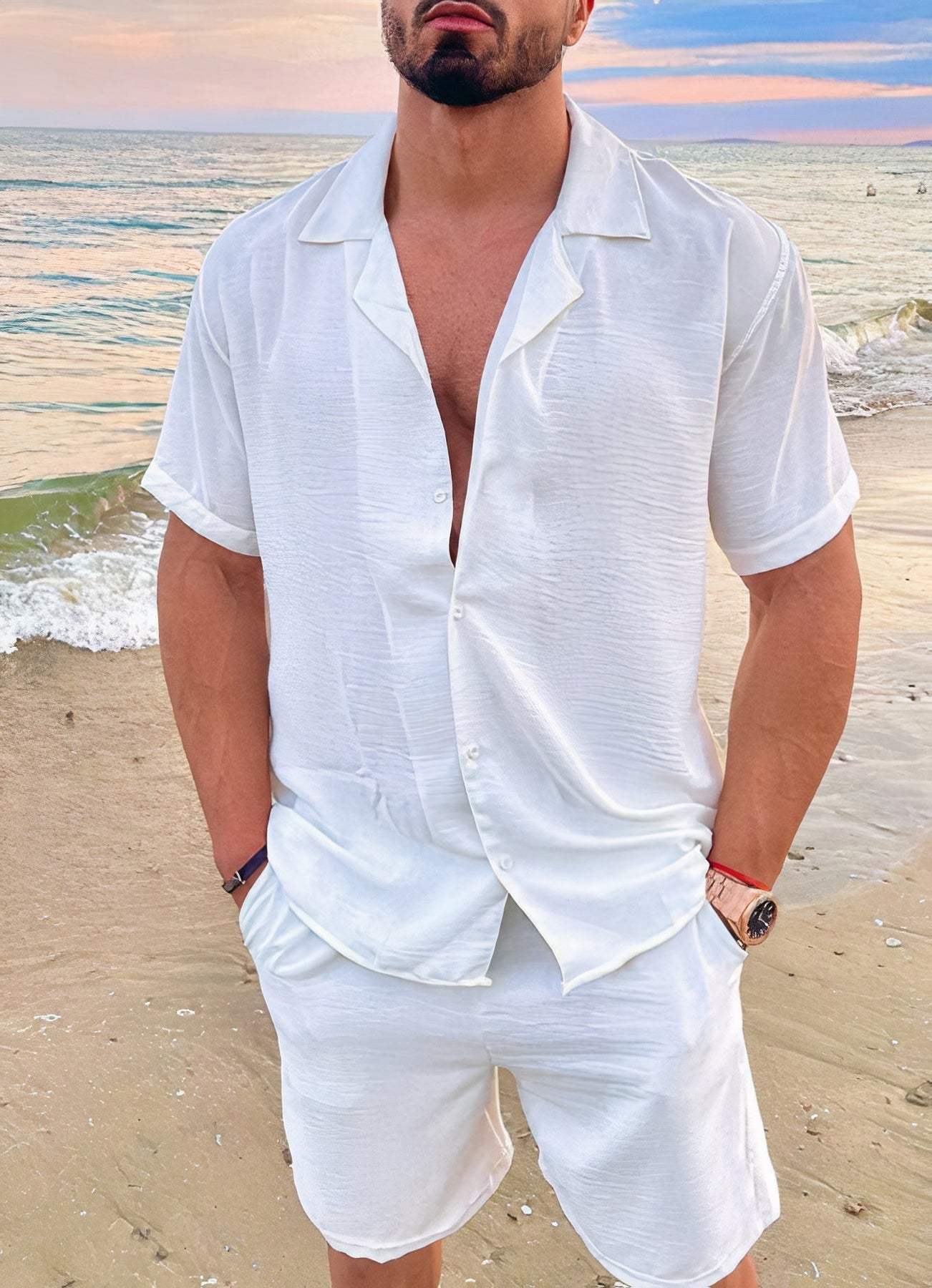 Men's Summer 2 Piece Set, Short Sleeve Shirt & Shorts Lightweight Casual Outfit 2