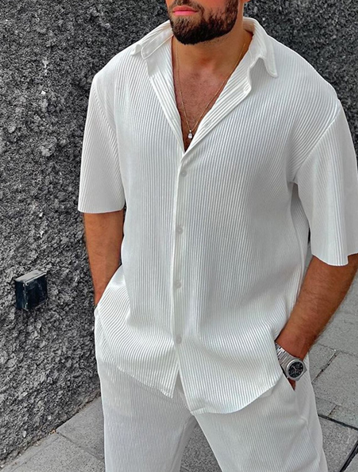 Men's 2 Piece Summer Set, Textured Short Sleeve Shirt & Trousers Casual Holiday Outfit 2