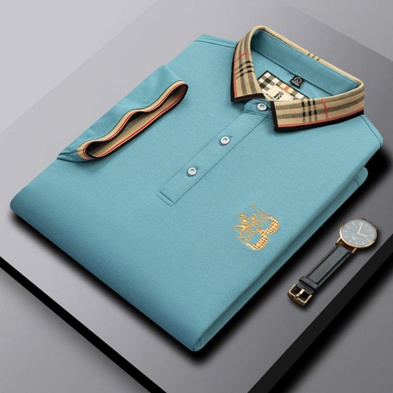 Men's Short Sleeve Polo Shirt, Slim Fit Contrast Check Collar Smart Casual Pique Polo 8