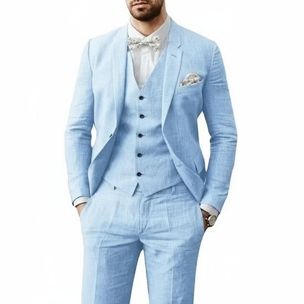 Men's Linen 3 Piece Suit, Slim Fit Tailored Blazer Waistcoat & Trousers for Summer Weddings 1