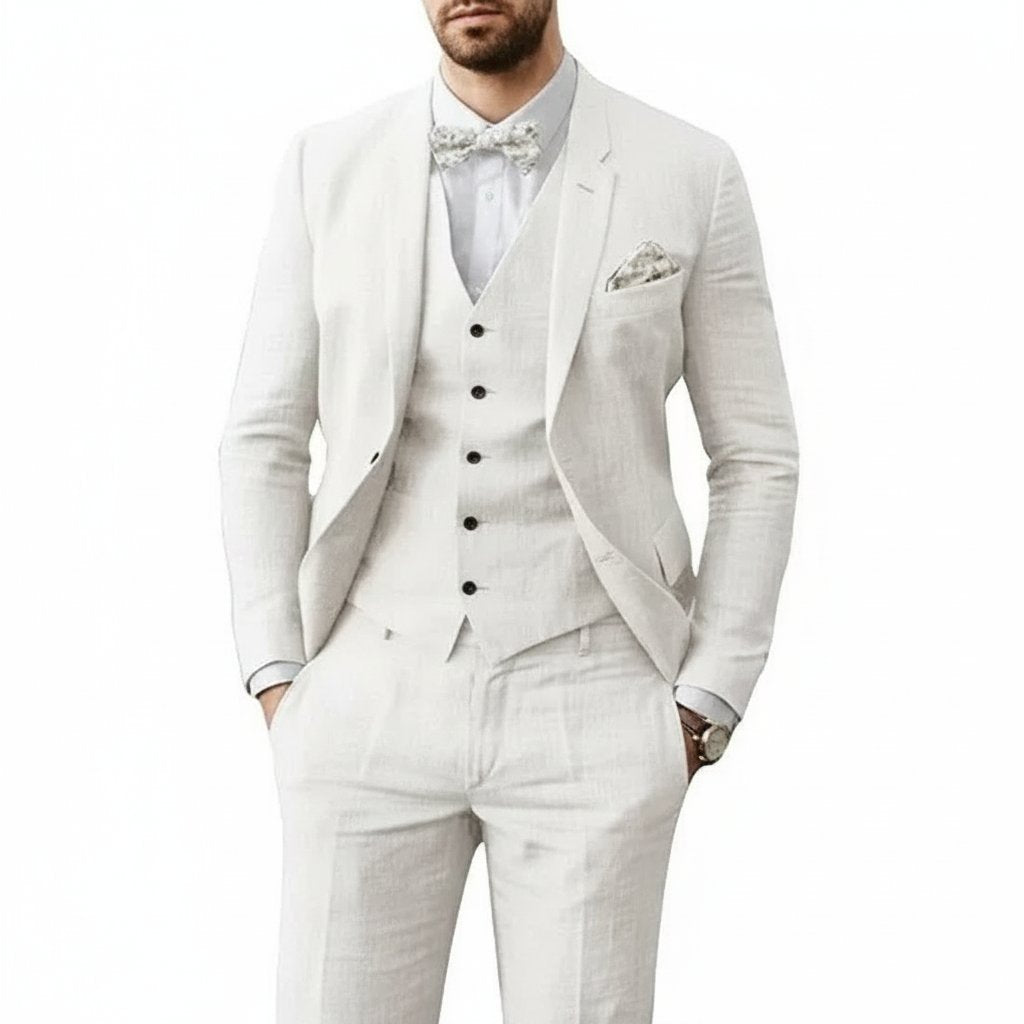 Men's Linen 3 Piece Suit, Slim Fit Tailored Blazer Waistcoat & Trousers for Summer Weddings 2