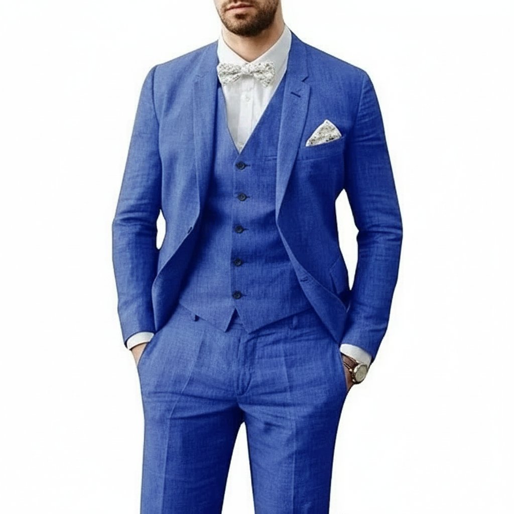 Men's Linen 3 Piece Suit, Slim Fit Tailored Blazer Waistcoat & Trousers for Summer Weddings 6