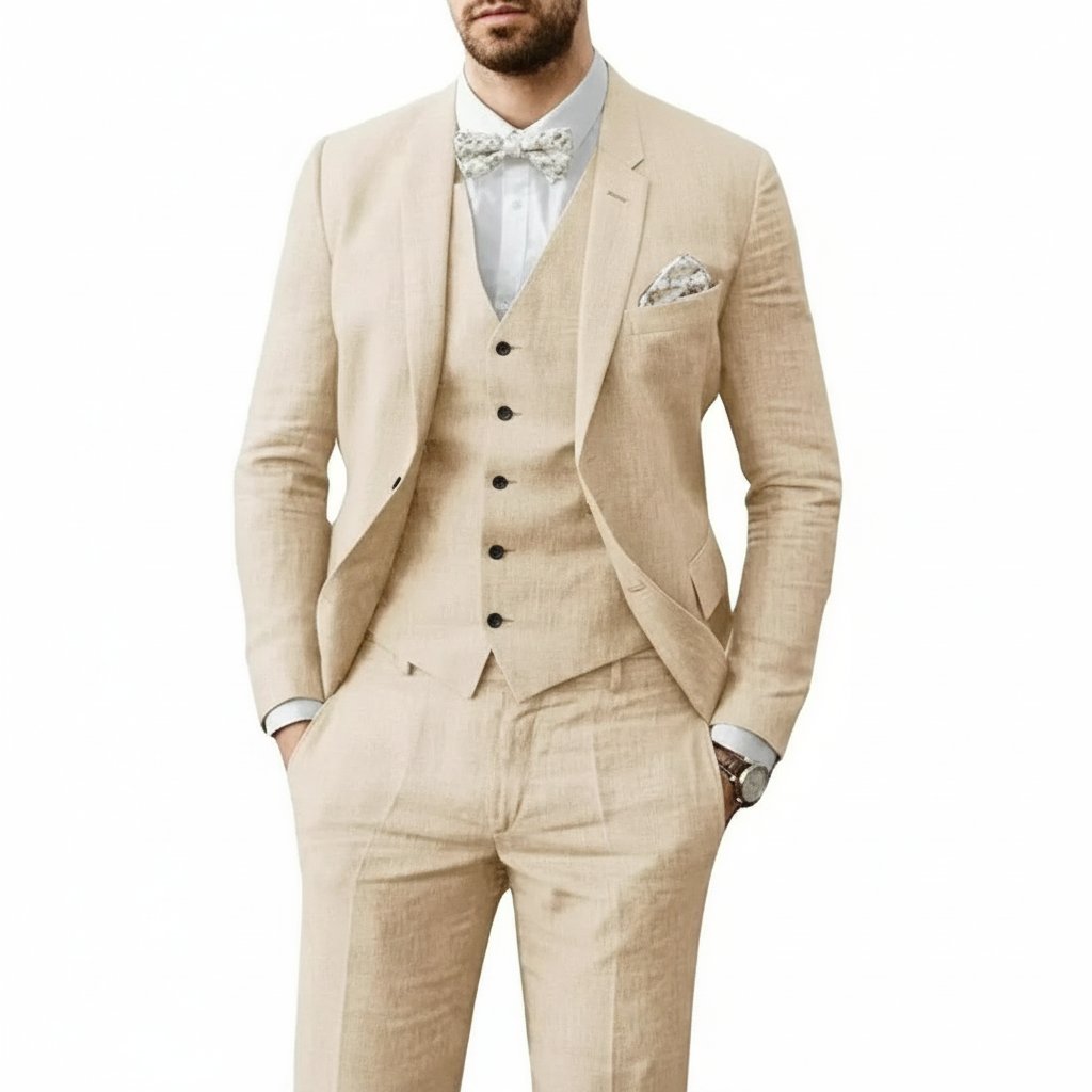Men's Linen 3 Piece Suit, Slim Fit Tailored Blazer Waistcoat & Trousers for Summer Weddings 8