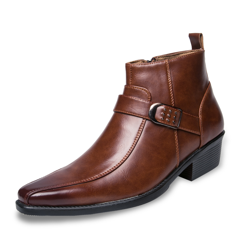 Men's Pointed Toe Ankle Boots, Side Buckle Zip Smart Casual Leather-Look Boots 1