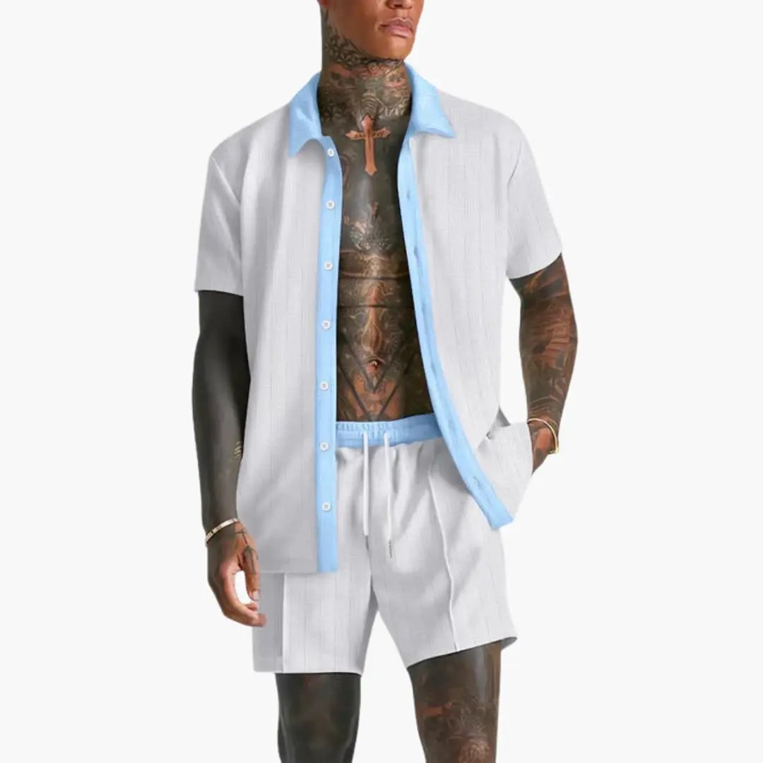 Men's Summer Co-Ord Set, Short Sleeve Shirt & Drawstring Shorts 2 Piece Casual Outfit 1
