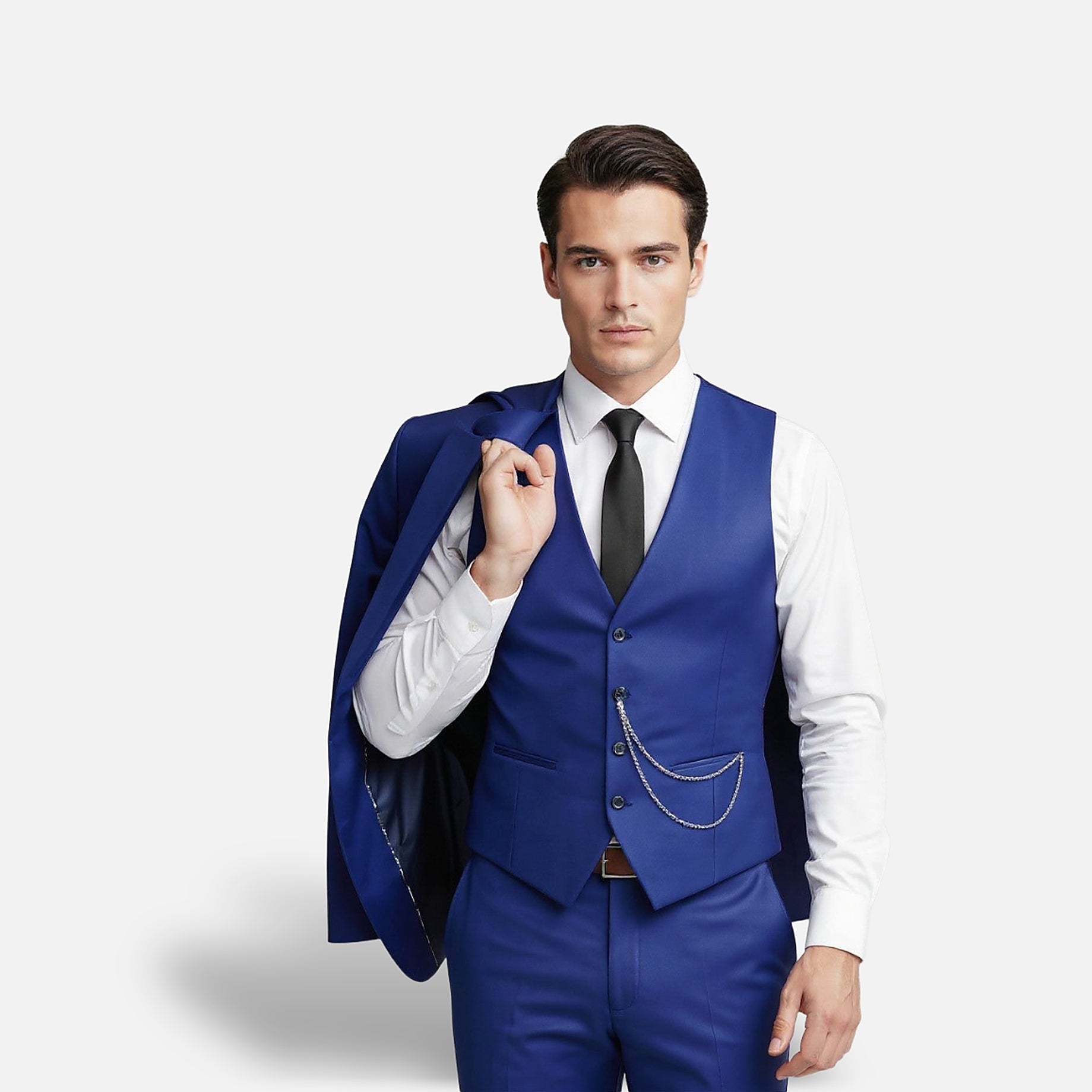Men's 3 Piece Suit, Slim Fit Tailored Blazer, Waistcoat & Trousers Set in Blue 7
