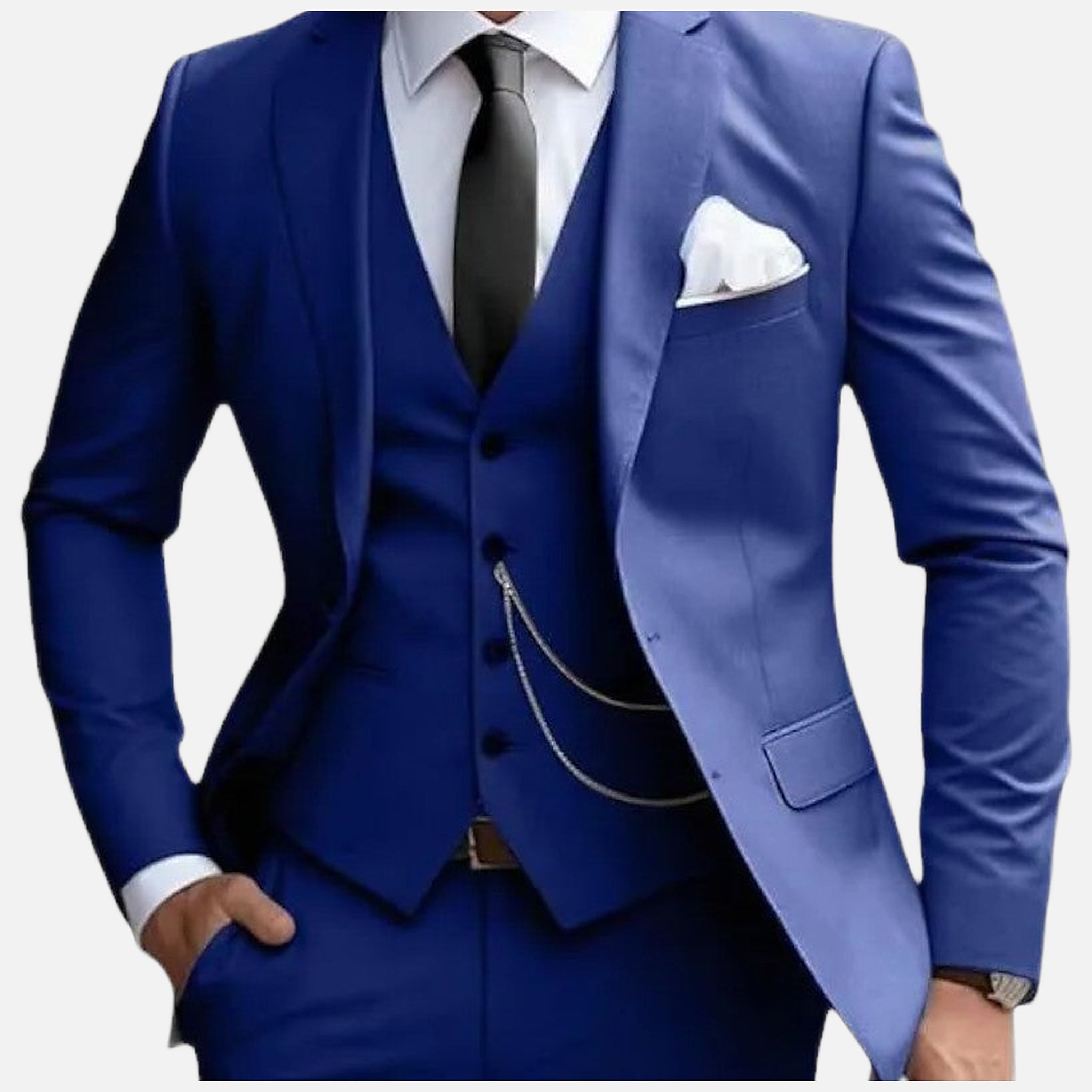 Men's 3 Piece Suit, Slim Fit Tailored Blazer, Waistcoat & Trousers Set in Blue 6