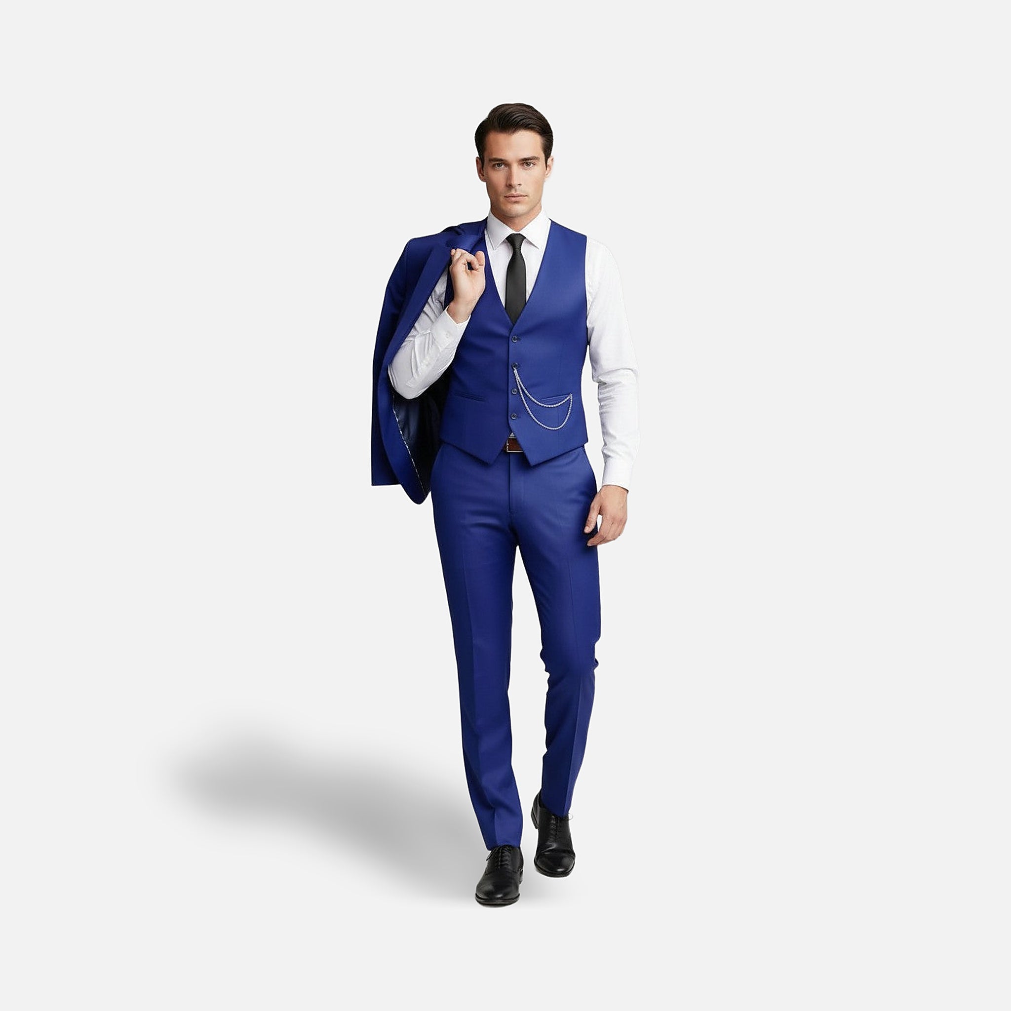 Men's 3 Piece Suit, Slim Fit Tailored Blazer, Waistcoat & Trousers Set in Blue 3