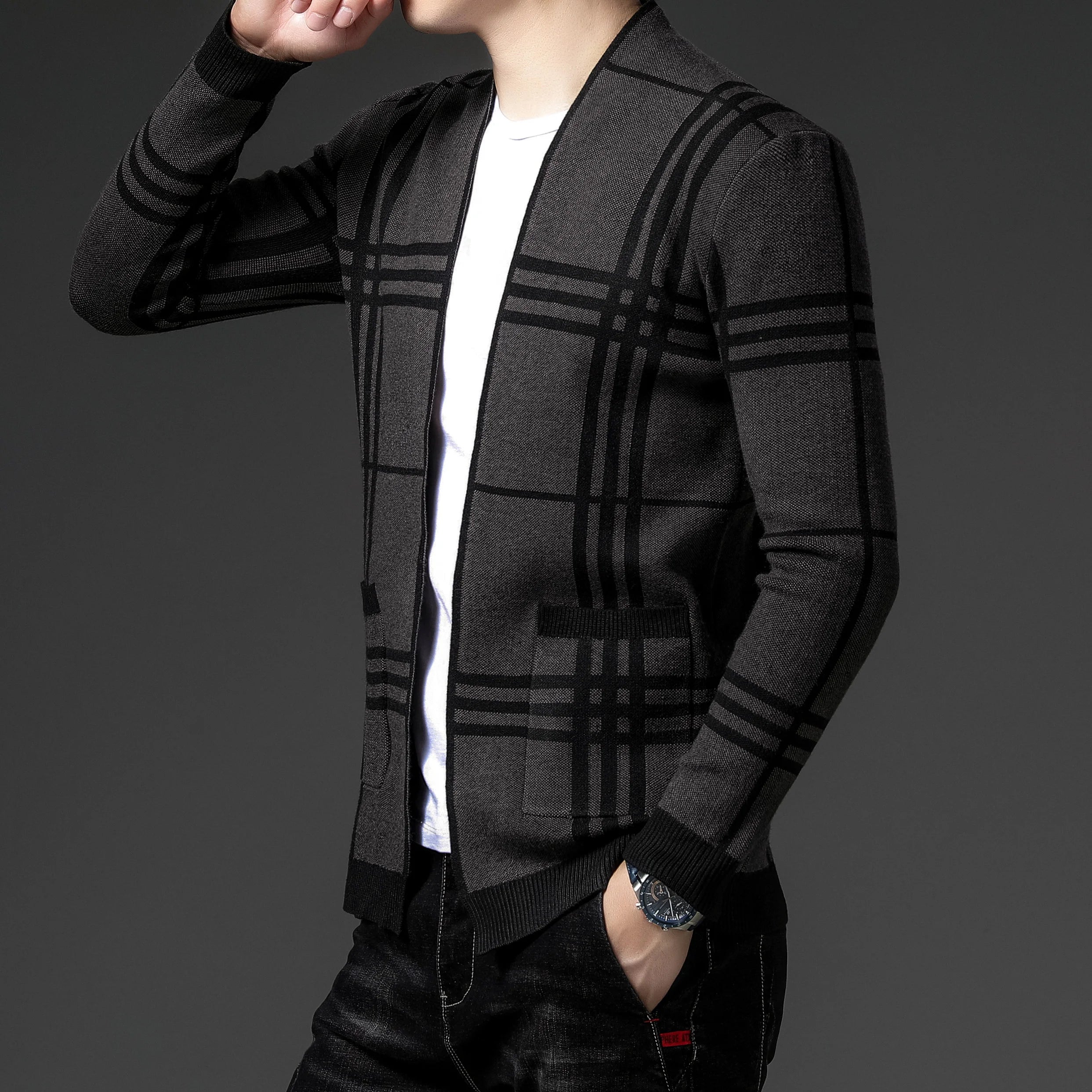 Grid Open-Front Cardigan