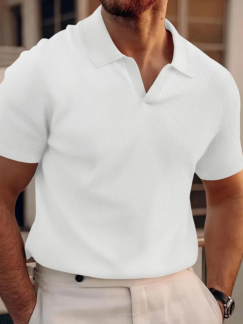 Men's Waffle Knit Polo Shirt, Short Sleeve V-Neck Relaxed Fit Smart Casual Summer Top 5