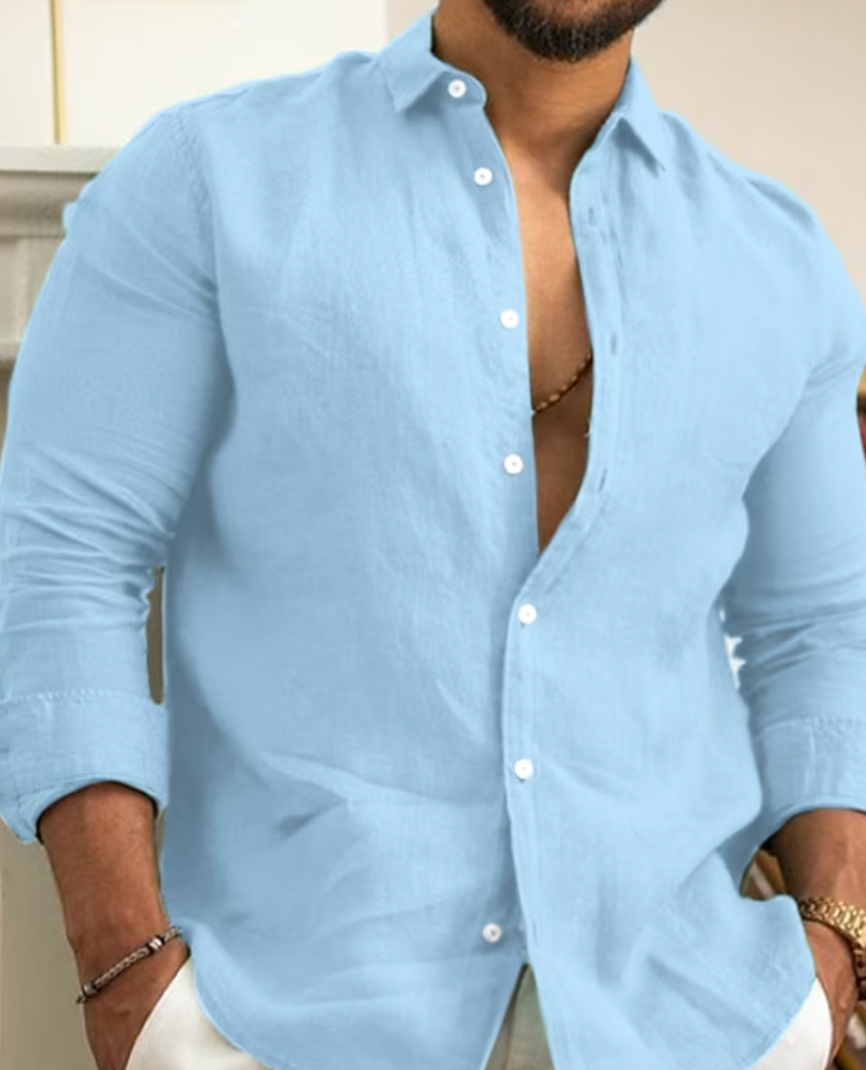 Men's Linen Shirt, Long Sleeve Lightweight Breathable Summer Casual Button-Up Shirt 3