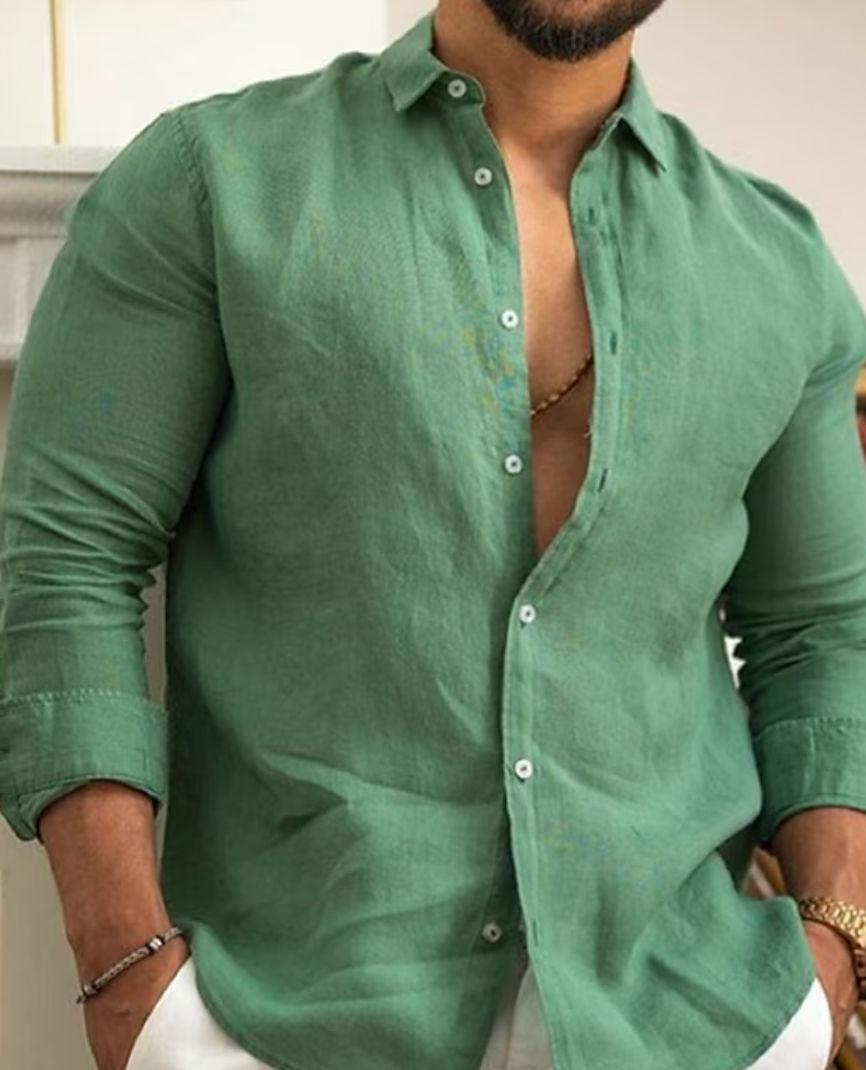 Men's Linen Shirt, Long Sleeve Lightweight Breathable Summer Casual Button-Up Shirt 1
