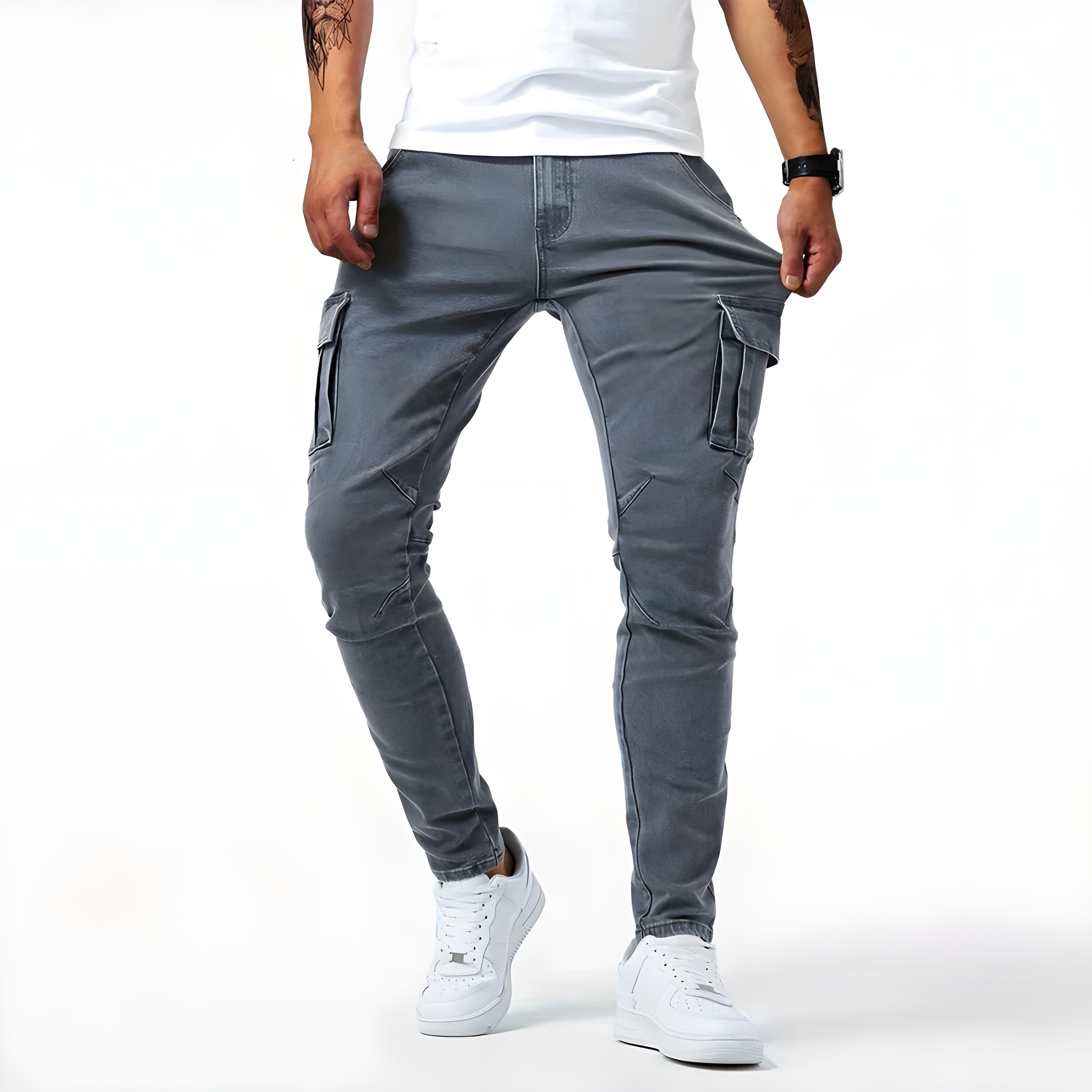 Men's Slim Fit Cargo Trousers, Multi-Pocket Tapered Casual Utility Combat Pants 3