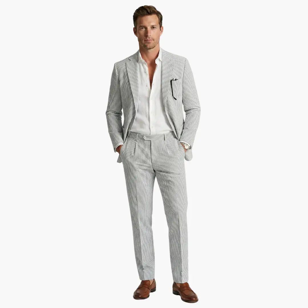 Men's Pinstripe Summer Suit, 2 Piece Slim Fit Blazer & Trousers Set for Smart Casual Events 8
