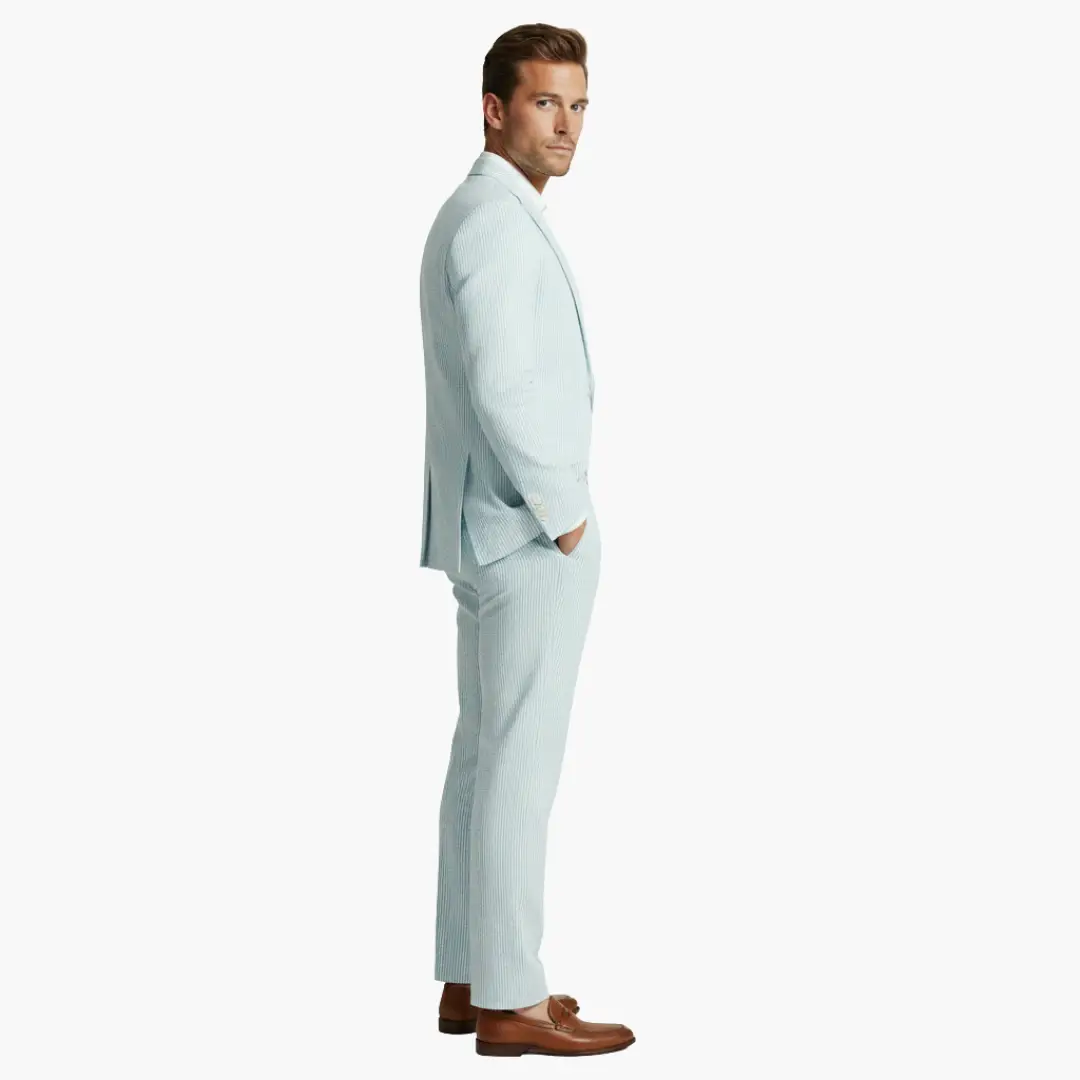 Men's Pinstripe Summer Suit, 2 Piece Slim Fit Blazer & Trousers Set for Smart Casual Events 2