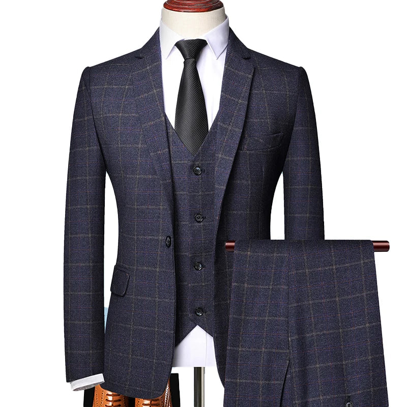 Men's 3 Piece Check Suit, Slim Fit Tailored Blazer Waistcoat & Trousers for Weddings 3