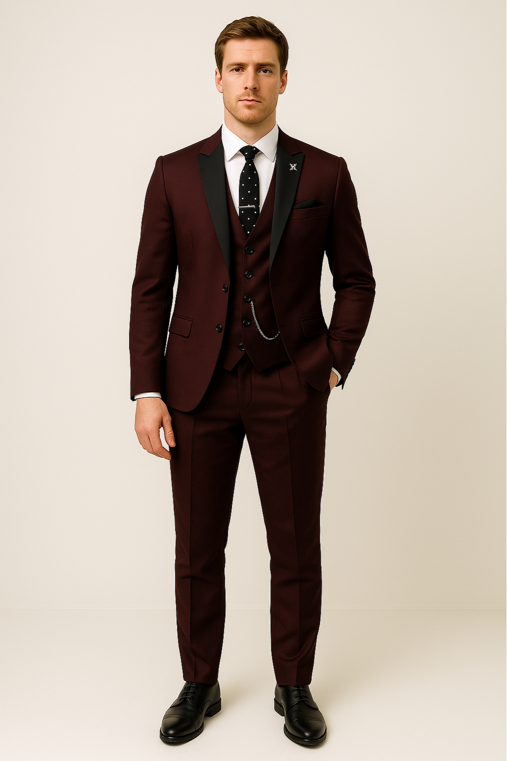 Men's 3 Piece Formal Suit, Slim Fit Tailored Blazer, Waistcoat & Trousers Set in Burgundy 2