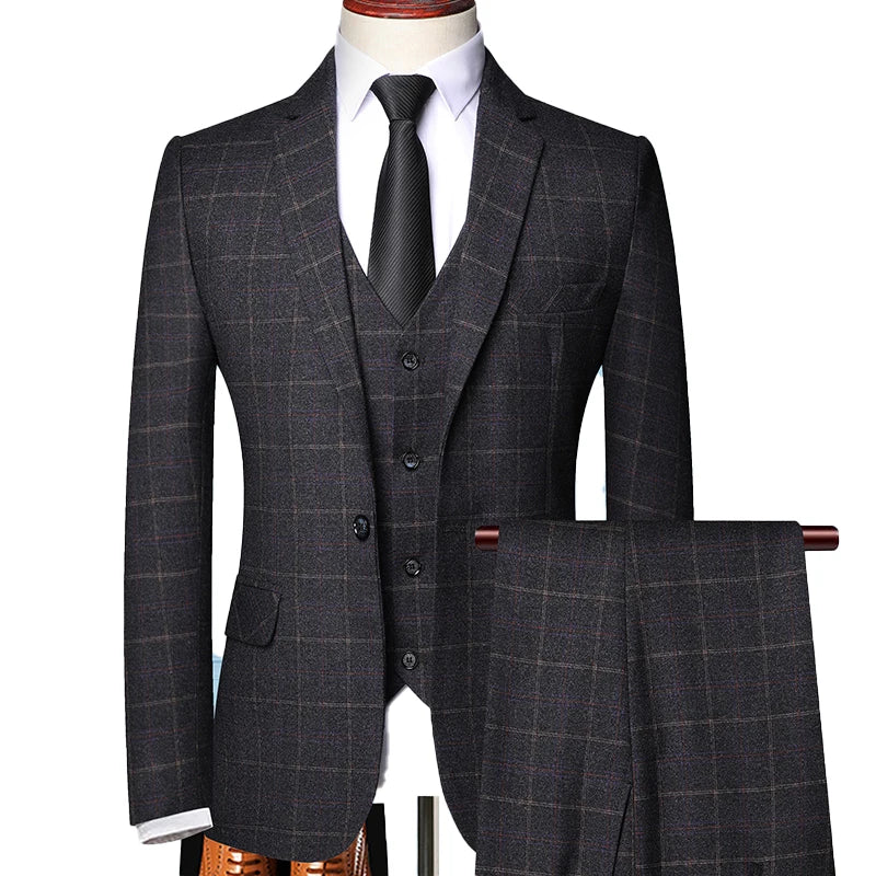 Men's 3 Piece Check Suit, Slim Fit Tailored Blazer Waistcoat & Trousers for Weddings 2
