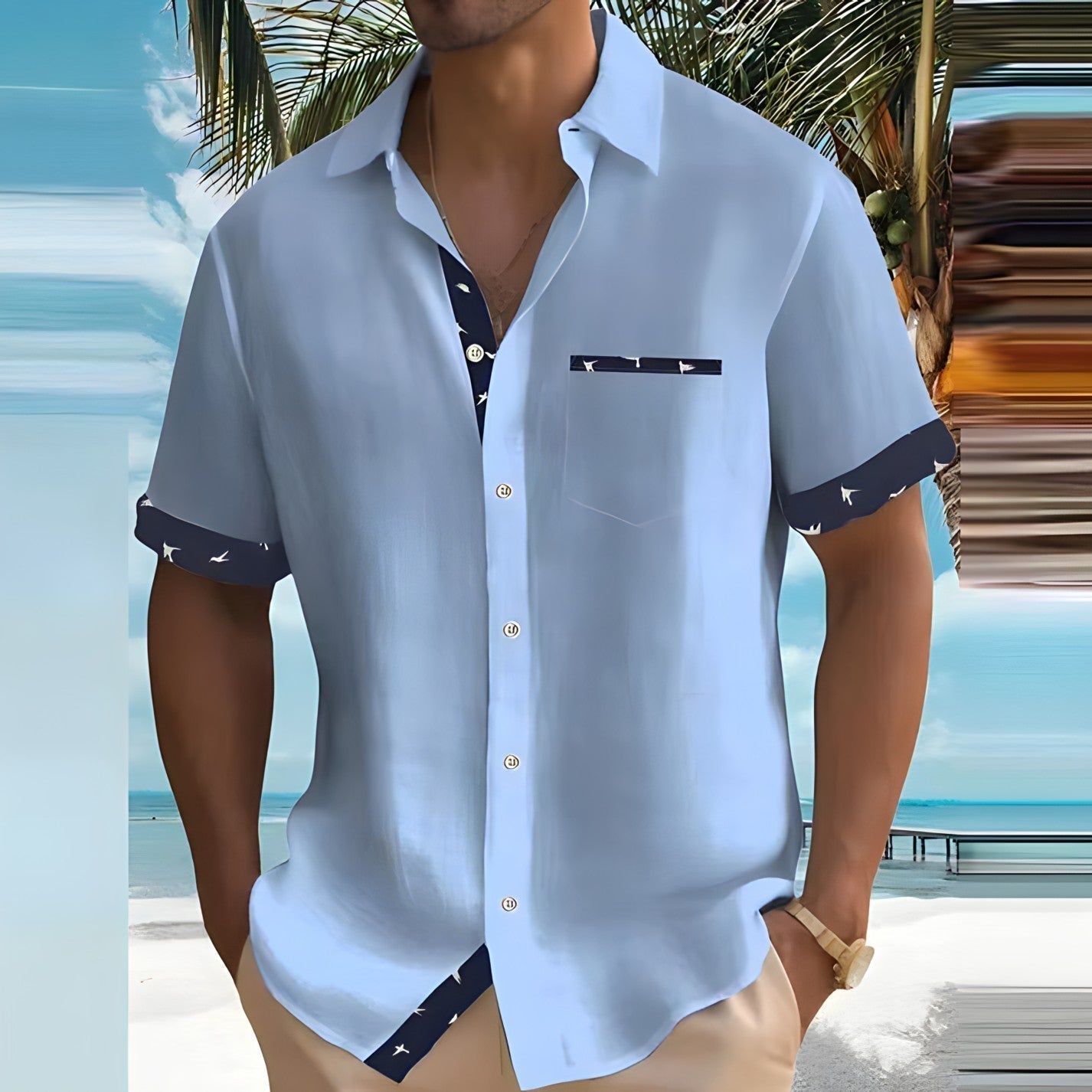 Men's Camp Collar Shirt, Short Sleeve Casual Lightweight Summer Shirt with Contrast Trim 3