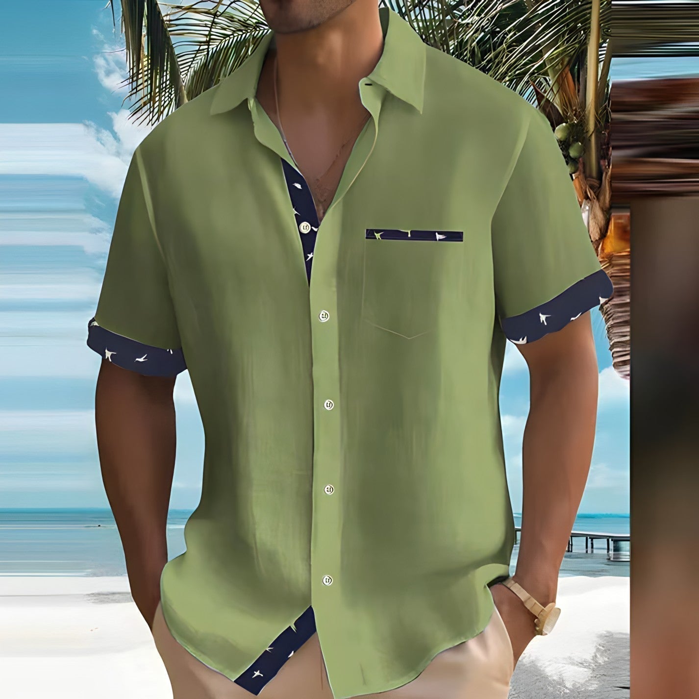 Men's Camp Collar Shirt, Short Sleeve Casual Lightweight Summer Shirt with Contrast Trim 5