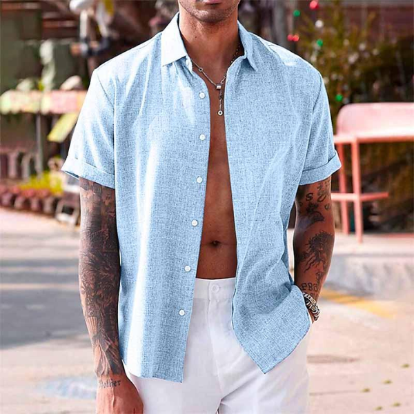 Men's Short Sleeve Cuban Collar Shirt, Open Collar Lightweight Casual Summer Holiday Shirt 1