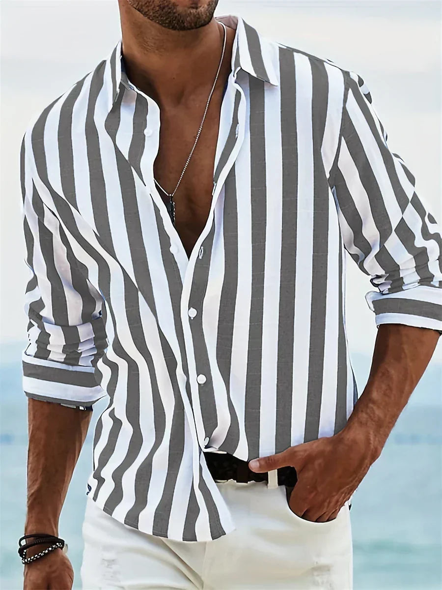Men's Striped Open Collar Shirt, Lightweight Relaxed Fit Summer Casual Camp Collar Shirt 2