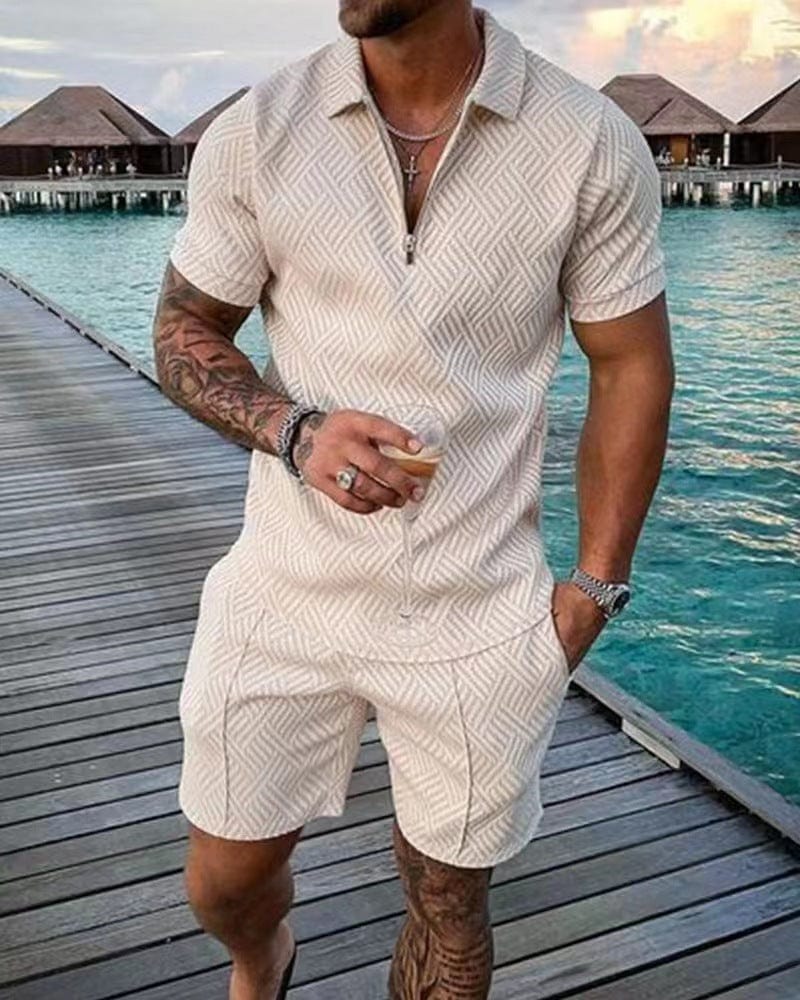Men's Summer 2 Piece Set, Casual Zip-Up T-Shirt & Shorts Co-Ord Tracksuit Outfit 4