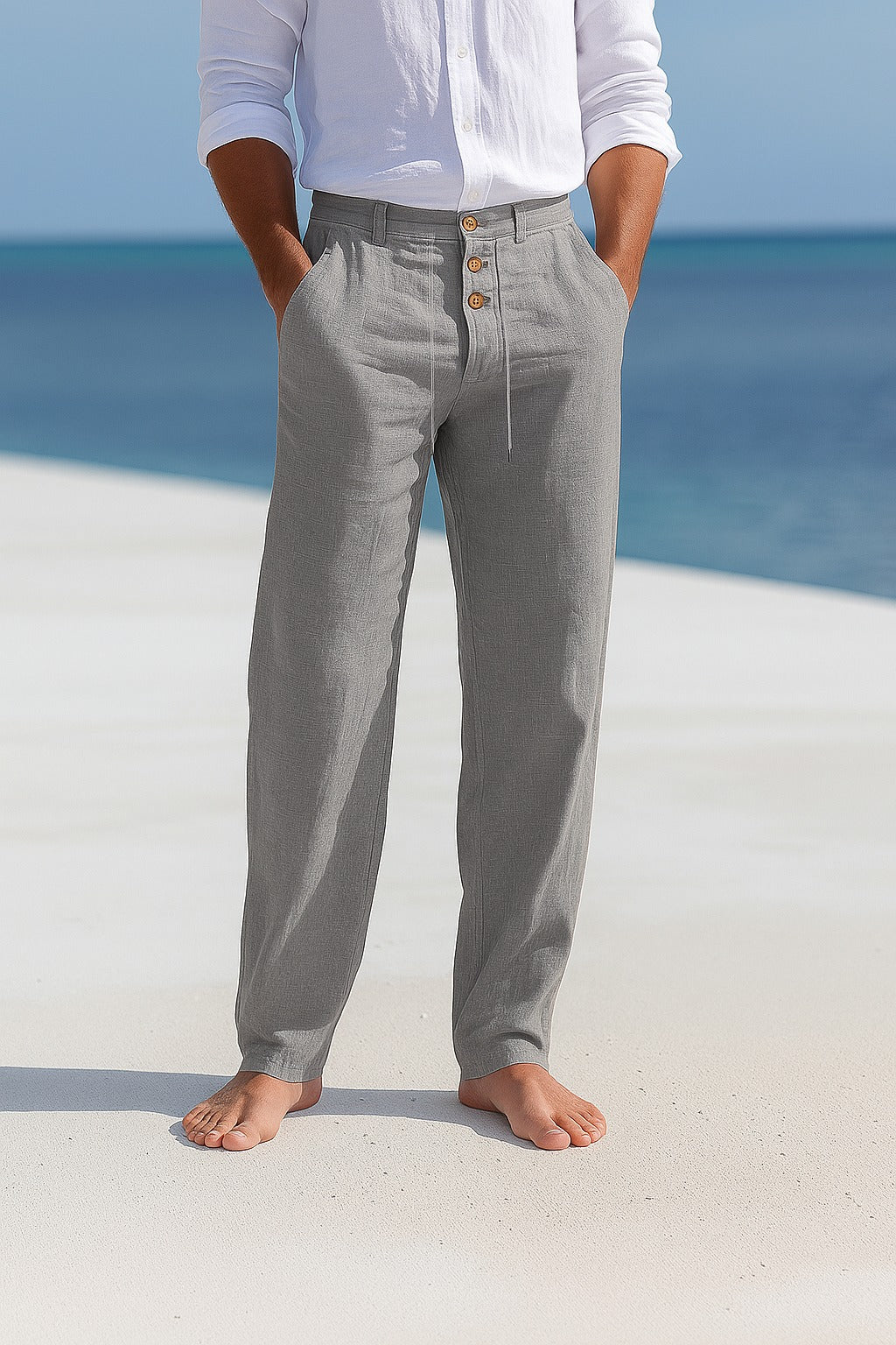 Men's Linen Trousers, Lightweight Drawstring Relaxed Fit Casual Summer Trousers with Pockets 4