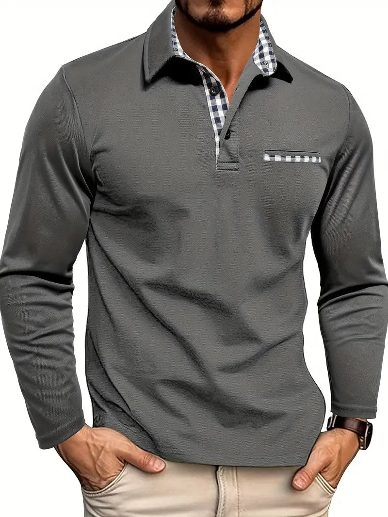 Men's Long Sleeve Polo Shirt, Smart Casual Knitted Collared Top with Chest Pocket 1
