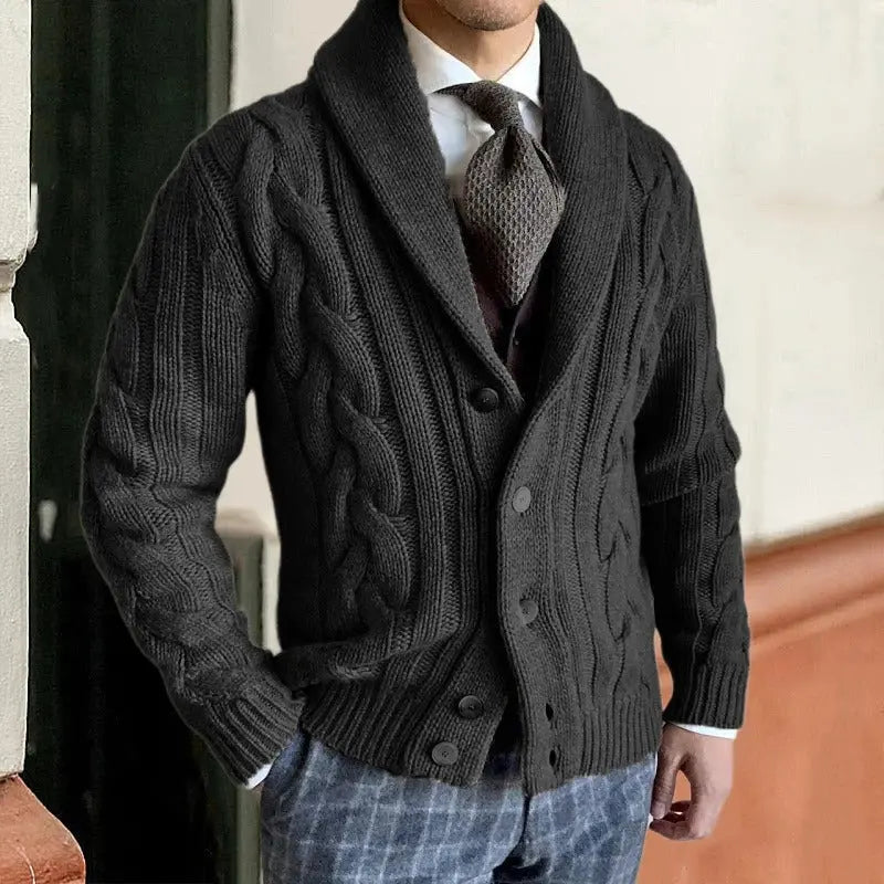 Shawl-Collar Cable Knit Sweater