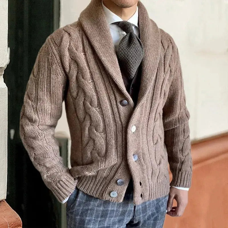 Shawl-Collar Cable Knit Sweater