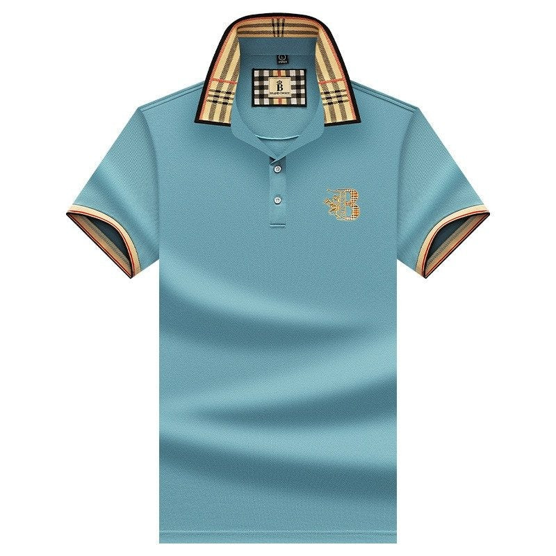 Men's Short Sleeve Polo Shirt, Slim Fit Contrast Check Collar Smart Casual Pique Polo 7