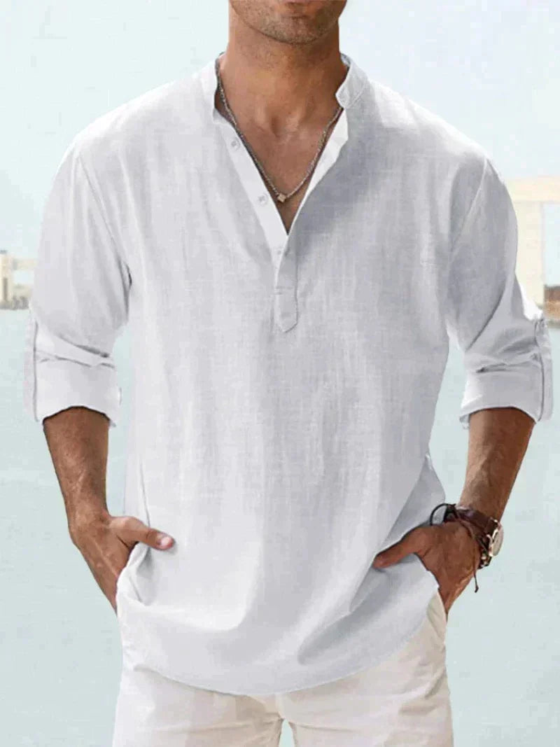 Men's Grandad Collar Shirt, Long Sleeve Loose Fit Band Collar Casual Summer Shirt 5