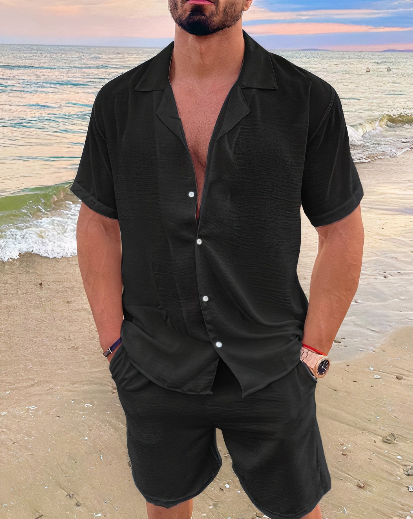 Men's Summer 2 Piece Set, Short Sleeve Shirt & Shorts Lightweight Casual Outfit 1