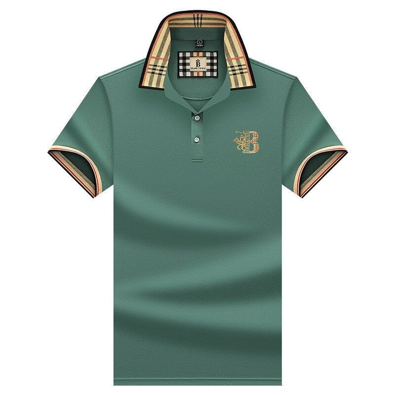 Men's Short Sleeve Polo Shirt, Slim Fit Contrast Check Collar Smart Casual Pique Polo 9