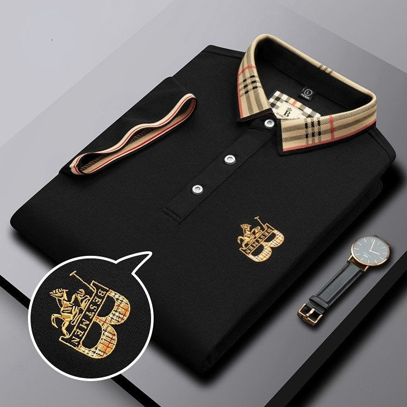 Men's Short Sleeve Polo Shirt, Slim Fit Contrast Check Collar Smart Casual Pique Polo 2