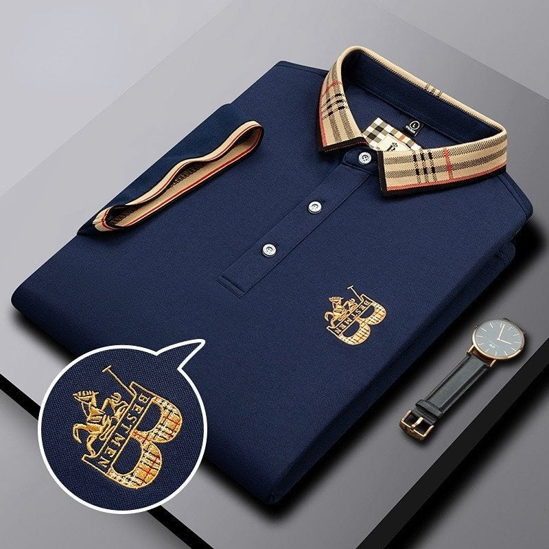 Men's Short Sleeve Polo Shirt, Slim Fit Contrast Check Collar Smart Casual Pique Polo 6