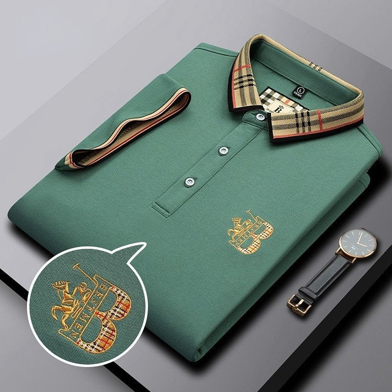 Men's Short Sleeve Polo Shirt, Slim Fit Contrast Check Collar Smart Casual Pique Polo 10